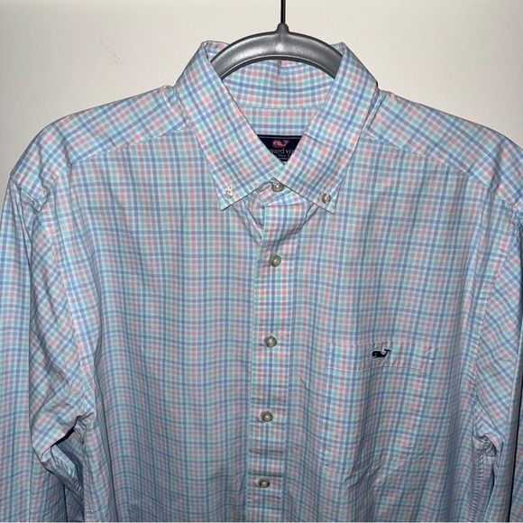 Vineyard Vines Gingham Blue, White, and Pink Check Classic Fit Tucker Shirt - Picture 2 of 7